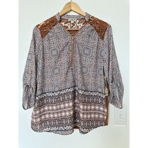 One World Womens Large Patterned Lace Crochet Brown Mauve 3/4 Sleeve Top
